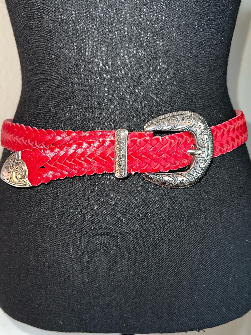 Milor Women’s Vintage Red Weave Leather Adjustable Belt Silver Western Buckle Sm - Picture 15 of 15